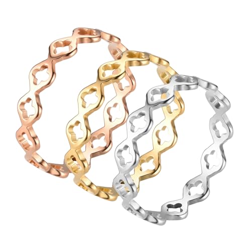 KUTCEK 3-teiliges Kleeblatt-Ringe, Edelstahl, elegantes Damen-Schmuck-Set, luxuriös, minimalistisches Geschenk für Sie, 34, Titanstahl von KUTCEK