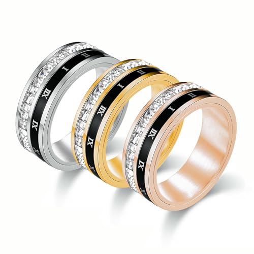 KUTCEK Drehring-Set aus Titanstahl mit römischen Zahlen, quadratischer Zirkonia, 3 Stück, stapelbare Ringe für Damen und Herren, Geschenk, 36, Titanstahl von KUTCEK