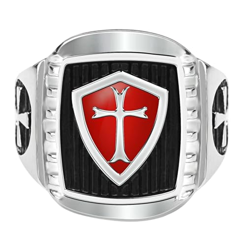 KUTCEK Edelstahl-Ring mit Kreuzritter-Kreuzritzern für Herren, rote Emaille, Gothic-Design, Geschenk für den täglichen Gebrauch, 38, Edelstahl von KUTCEK