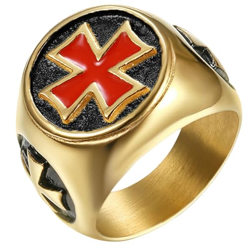 KUTCEK Massiver Titanstahlring mit rotem Kreuz für Herren, Gothic-Spiel-Schmuck-Geschenk-Set, 7, Edelstahl von KUTCEK