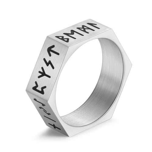 KUTCEK Mystischer Titanring mit Wikinger-Runen, sechseckig, nordischer Unisex-Schmuck, Geschenk mit alten Runen-Symbolen, 34, Titanstahl von KUTCEK