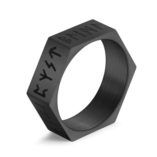 KUTCEK Mystischer Titanring mit Wikinger-Runen, sechseckig, nordischer Unisex-Schmuck, Geschenk mit alten Runen-Symbolen, 38, Titanstahl von KUTCEK