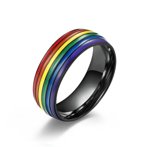 KUTCEK Regenbogen-Ring aus Kunstharz für Damen und Herren, bunt, geometrische Kunst, Titanstahl, stapelbar, Schmuck, Geschenk, 36, Titanstahl von KUTCEK