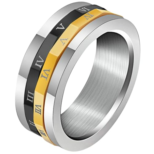KUTCEK Ring für Herren, Titanstahl, drehbar, römische Zahlen, Zirkonia, mechanisches Design, Geschenk für den täglichen Gebrauch, 38, Edelstahl von KUTCEK