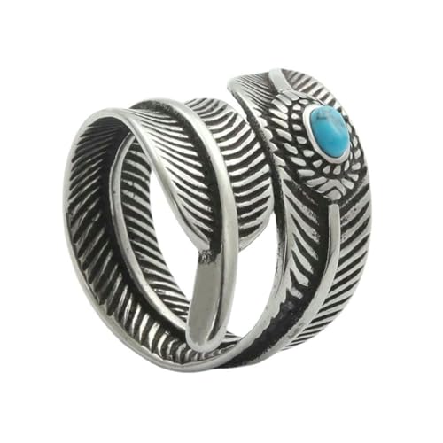 KUTCEK Vintage Punk Titan Stahl Feder Ring mit echtem Türkisstein – Gothic-Hip-Hop-Schmuck für Männer und Frauen Geschenk, 33 cm von KUTCEK
