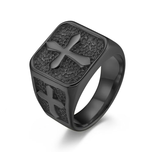 Vintage Kreuzritter Kreuz Edelstahlring mit Steinstruktur – mittelalterlicher Ritter-Stil, Wikingerschmuck, Geschenk, 34, Titanstahl von KUTCEK