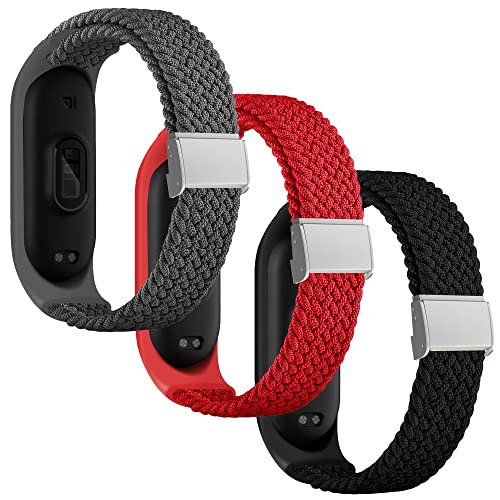 KUTEWEU Armband Kompatibel mit Mi Band 7/Band 6/Band 5, Nylon Elastisches Verstellbares Ersatzarmband Sport Geflochtenes Uhrenarmband für Mi Band 4/Mi Band 3 (Grau+Rot+Schwarz) von KUTEWEU