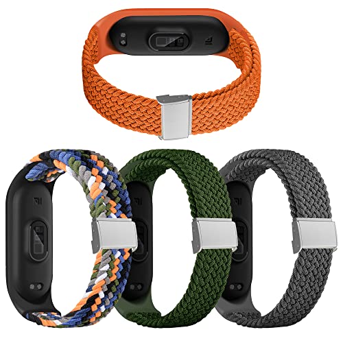 KUTEWEU Armband Kompatibel mit Mi Band 7/Band 6/Band 5, Nylon Elastisches Verstellbares Ersatzarmband Sport Geflochtenes Uhrenarmband für Mi Band 4/Mi Band 3 (Orange+Denim+Grün+Grau) von KUTEWEU