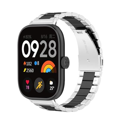 KUTEWEU Armband Kompatibel mit Xiaomi Redmi Watch 4/Xiaomi Band 8 Pro, Edelstahl Ersatzband Metall Armband für Xiaomi Redmi Watch 4/Xiaomi Band 8 Pro, Damen Herren Strap (Silber Schwarz Silber) von KUTEWEU