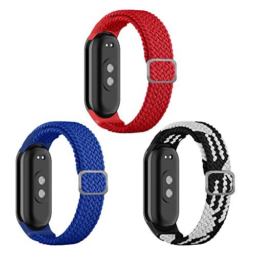 KUTEWEU Elastisch Geflochtenes Armbänd Kompatibel mit Xiaomi Mi Band 8 Armband, Verstellbares Ersatzarmbänder Nylon Loop Sport Uhrenarmband Damen Herren für Mi Smart Band 8- (Rot+Blau+Schwarz Weiß) von KUTEWEU