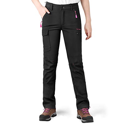 KUTOOK Damen Wanderhose Winter Outdoorhose Gefüttert Trekkinghose Softshellhose Funktionshose Fleece Warm Wasserdicht Winddicht Verschleißfest 6 Taschen Schwarz S von KUTOOK