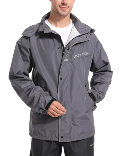 KUTOOK Fahrradjacke Regenjacke Herren Wasserdicht Atmungsaktiv Reflektierend mit Kapuze Leicht Outdoor Jacke Winter Herbst Sommer für Fahrrad Laufen Motorrad Grau M von KUTOOK