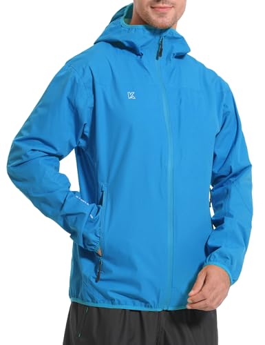 KUTOOK Fahrradjacke Regenjacke Laufjacke Herren Sport Outdoor Jacke Wasserdicht Atmungsaktiv Faltbar mit Kapuze 2 Taschen Dünn Wanderjacke Windbreaker Laufen Trekking Radsport Blau XL von KUTOOK