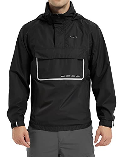 KUTOOK Herren Wasserdicht Pullover Regenjacke Reflektierende Kapuze Windbreaker Leicht Atmungsaktiv Regenmantel mit Taschen für Outdoor Sport - Schwarz - Large von KUTOOK