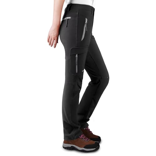 KUTOOK Reflektierende Softshell-Wanderhose für Damen, winddicht, mit Fleece gefüttert, Cargohose für Ourdoor Sport - Schwarz - Medium von KUTOOK