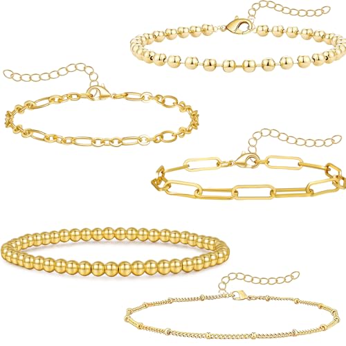 Goldperlen-Armband-Set für Damen, stapelbare Stretch-Kugel-Armbänder, verstellbare Büroklammer und kubanische Glieder-Armband-Set, trendiges, dünnes Armband-Set, zierlicher Schmuck für Frauen, 5 Stück Goldperlen-Armband-Set für Damen, stapelbare Stretch-Kugel-Armbänder, verstellbare Büroklammer und kubanische Glieder-Armband-Set, trendiges, dünnes Armband-Set, zierlicher Schmuck für Frauen, 5 Stück von KUTUBORYU