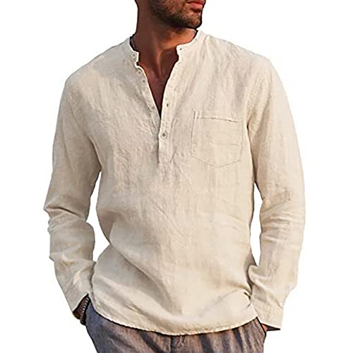 Kuulee Herren Henley Shirt Leinenhemd Frühling Sommer Hemd Langarm Regular Fit Freizeithemd Shirts Mit Tasche Khaki L von Kuulee