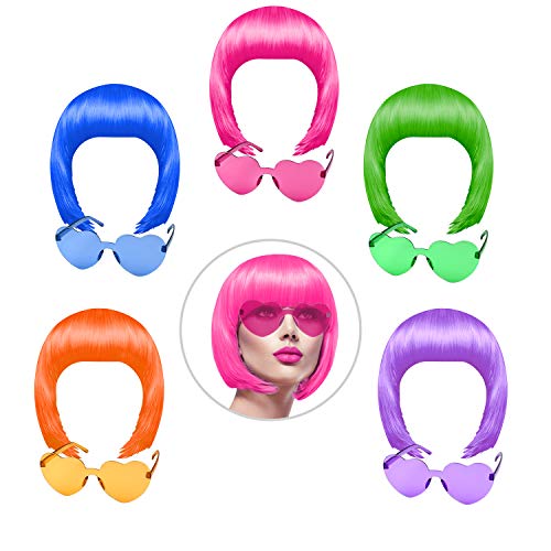 KUUQA 10 Stück Partei Perücken und Sonnenbrillen-Set, Neon kurze Pack Kostüm bunte Cosplay Sonnenbrille bob Perücke Perücke täglich Partei Toupets für bachelorette Neon Party von KUUQA