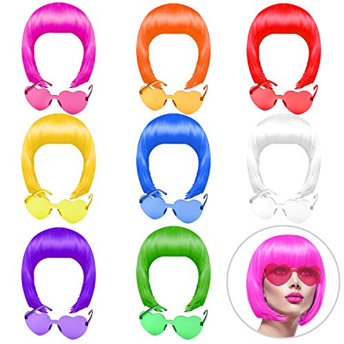 KUUQA 16 Stück Partei Perücken und Sonnenbrillen Set, Neon kurze Pack Kostüm bunte Cosplay Sonnenbrille bob Perücke Perücke täglich Partei Toupets für bachelorette Neon Party von KUUQA