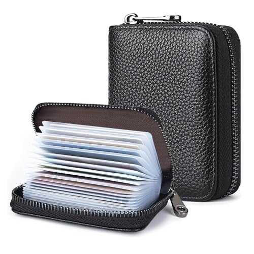 KUVAO 30 Kartenfächer, Kreditkartenetui, Leder, kleines Visitenkartenetui mit Reißverschluss, Kartenetuis, Schwarz, Kartenetui von KUVAO