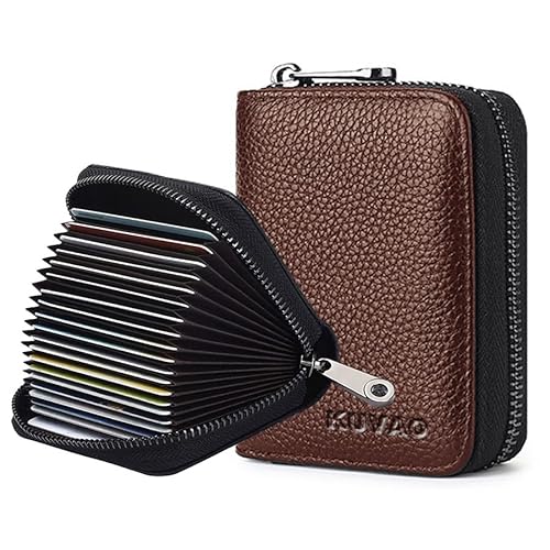 KUVAO RFID-blockierend, Kreditkartenetui aus Leder, Reißverschluss, Geldbörse mit 20 Kartenfächern, kleines Kartenetui für Damen oder Herren, Akkordeon-Geldbörse mit Reißverschluss, Kaffee, Freizeit von KUVAO