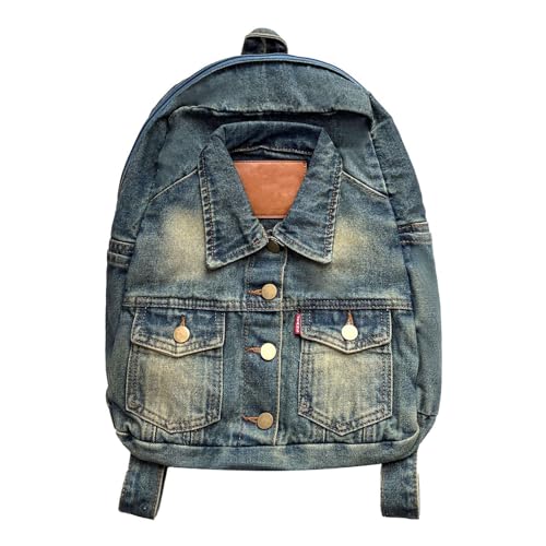 KUWHSIOP Ästhetischer Jeans-Rucksack für Damen Modischer Hemd-Stil Y2K Lässiger Tagesrucksack Große Kapazität Jeans-Reiserucksack,Blue 2 von KUWHSIOP