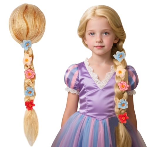 KUWUNG Kinderperücke Blond, 85 cm Prinzessin Perücke Zopf, Rapunzel Kostüm-Perücke für Kinder mit künstlichen, für Märchen, Karneval, Mottoparty (Gold) von KUWUNG