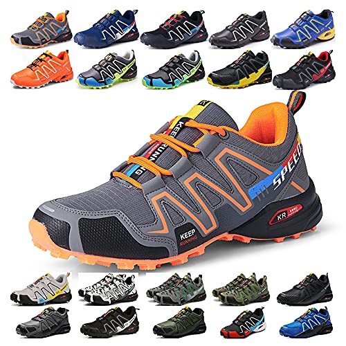 KUXUAN Fahrradschuhe Herren Indoor Fahrradschuhe Ohne Schloss,wasserdichte Mountainbike-Fahrradschuhe,rutschfeste Outdoor-Sportschuhe,Grey+Orange-41 von KUXUAN