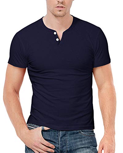 KUYIGO Henley Herren Kurzarm Slim Fit Outdoor Sports Pure Color L Navy von KUYIGO