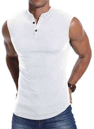 KUYIGO Herren Ärmelloses Henley Weste Sport Top Fitness Slim Running T-Shirt weiß XXL von KUYIGO