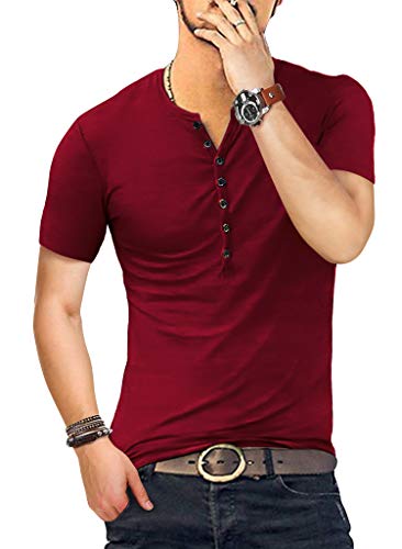 KUYIGO Herren Baumwoll T-Shirt Slim Fit Henley Shirt Basic Kurzarm Mode Oberteile L Weinrot von KUYIGO