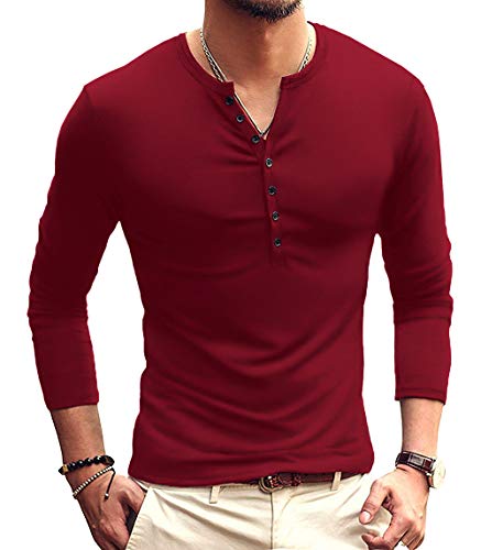 KUYIGO Herren Baumwoll T-Shirt Slim Fit Henley Shirt Basic Langarm Mode Oberteile L Weinrot von KUYIGO