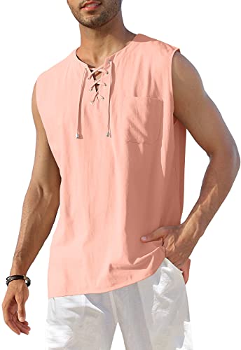 KUYIGO Herren Baumwolle Leinen Henley Shirt Sommer Tops Casual Sport V-Neck Shirt 3XL Hellrosa von KUYIGO