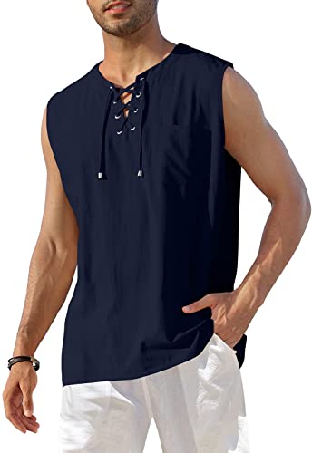 KUYIGO Herren Baumwolle Leinen Henley ärmellos V-Ausschnitt T-Shirt Lace Up Strand Hippie Tops 2XL Navy von KUYIGO