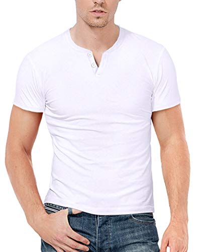 KUYIGO Herren Casual Henley Shirts Kurzarm Slim Fit Baumwolle Kurzarm XL Weiß von KUYIGO