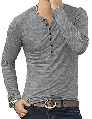 KUYIGO Herren Casual Henley Shirts Langarm Slim Fit Baumwolle Langarm XL grau von KUYIGO
