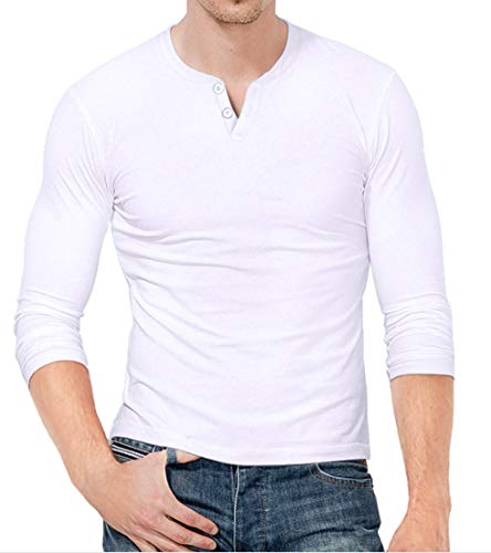 KUYIGO Herren Casual Henley Shirts Langarm Slim Fit Baumwolle Langarm XXL Weiß von KUYIGO