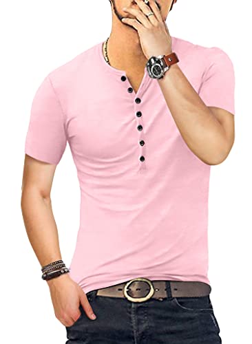 KUYIGO Herren Casual Slim Fit Basic Henley Kurzarm-Mode T-Shirt XL Pink von KUYIGO