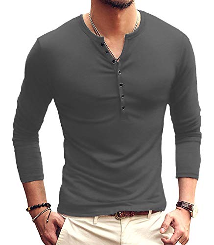 KUYIGO Herren Casual Slim Fit Basic Henley Langarm Fashion T-Shirt XXL Dunkelgrau von KUYIGO