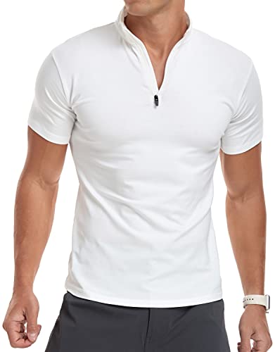 KUYIGO Herren Classic Zip Up Kurzarm-Polo-Shirts Casual Slim Fit Tops Basic Designed Cotton ShirtsL Weiß von KUYIGO