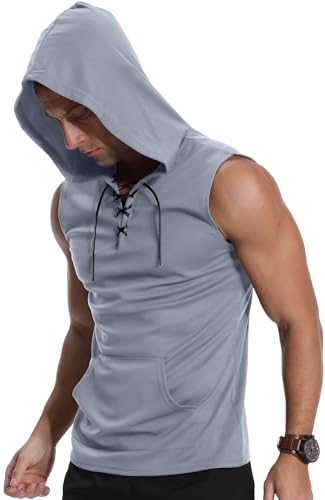 KUYIGO Herren Fitnessstudio Tank Tops Sport T Shirt dünn Fitness Muskel Weste ärmellos Hoodies mit Taschen S hellblau von KUYIGO