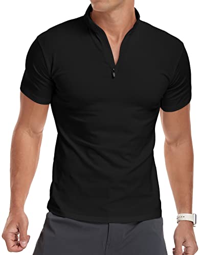 KUYIGO Herren Frühling Herbst 1/4 Zip Sport Tops Casual Kurzarm Gym Laufen Polo Shirts Outdoor Warm Wandern Angeln Shirts S Schwarz von KUYIGO