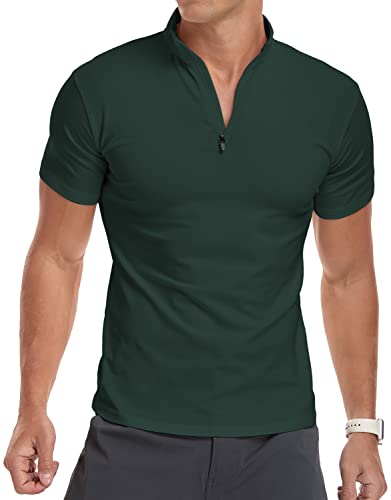 KUYIGO Herren Kurzarm-Polo-Shirts 1/4 Reißverschluss Schlichte Casual Slim Fit Mock Neck Basic Designed Baumwoll-Shirts XXL Dunkelgrün von KUYIGO
