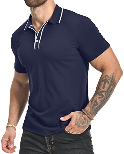 KUYIGO Herren Kurzarm-Poloshirt Stretch-Baumwolle Sport-Muskel-Shirt XL Marineblau von KUYIGO