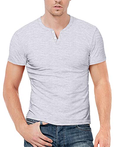 KUYIGO Herren Kurzarm T Shirt Henley Casual Running Gym Workout Basic L grau von KUYIGO