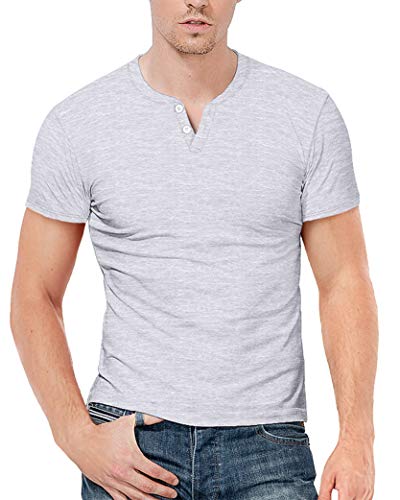 KUYIGO Herren Kurzarm T Shirt Henley Casual Running Gym Workout Basic M grau von KUYIGO