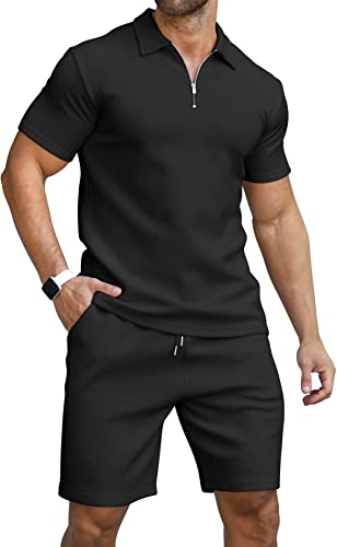 KUYIGO Herren Poloshirt & Shorts 2er Set Sommerkleidung Mode Casual Trainingsanzüge M Schwarz von KUYIGO