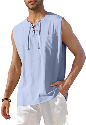 KUYIGO Herren Strand Casual Baumwolle Weste Vintage Henley Shirt L Himmelblau von KUYIGO