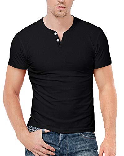 KUYIGO Herren T-Shirt V-Ausschnitt Henley-Shirt Klassisch Kurzarm Einfarbig M Schwarz von KUYIGO