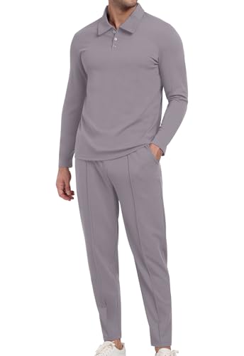 KUYIGO Herren-Trainingsanzüge Polo 2-teiliges Outfit Langarm-Pullover Trainingsanzug-Set Sweatshirt und Jogginghose Waffel-Top Hose lässiger Sport Activewear Golfanzug grau XL von KUYIGO